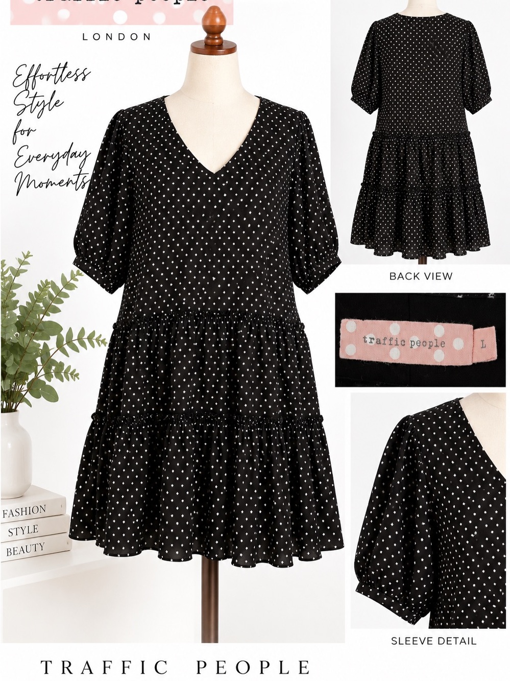 Traffic People London Black Star Print Tiered Dress Size Large